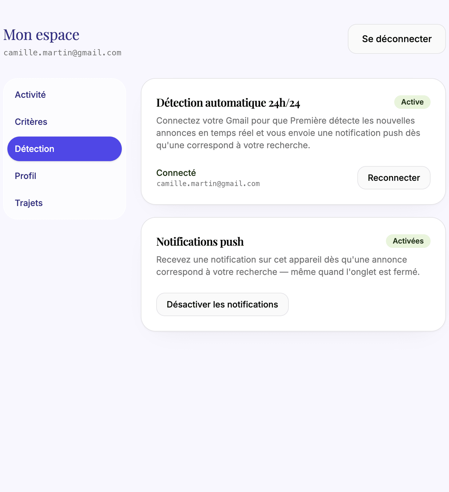 Détection automatique 24h/24 via Gmail et notifications push
