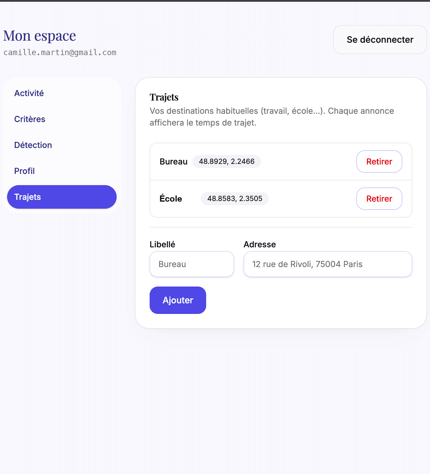 Vos destinations habituelles pour le calcul du temps de trajet